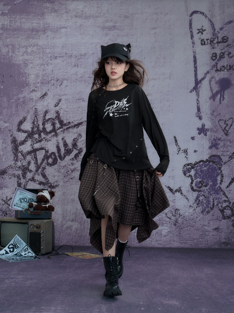 Graphic Print Splicing Design Eyelet Long-Sleeved T-shirt【s0000013802】