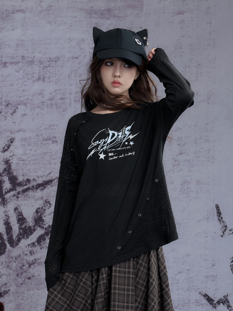 Graphic Print Splicing Design Eyelet Long-Sleeved T-shirt【s0000013802】