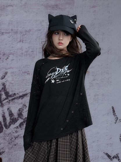 Graphic Print Splicing Design Eyelet Long-Sleeved T-shirt【s0000013802】