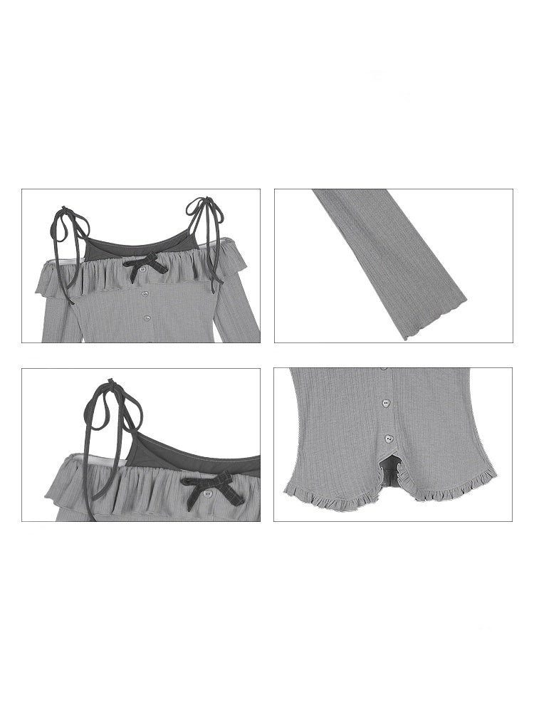 Ruffle Suspender Off-Shoulder Faux  Layered Long-Sleeved Tops【s0000013804】