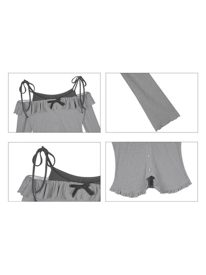 Ruffle Suspender Off-Shoulder Faux  Layered Long-Sleeved Tops【s0000013804】