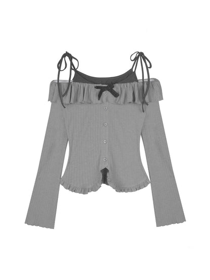 Ruffle Suspender Off-Shoulder Faux  Layered Long-Sleeved Tops【s0000013804】