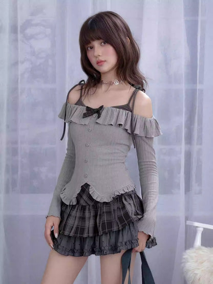 Ruffle Suspender Off-Shoulder Faux  Layered Long-Sleeved Tops【s0000013804】