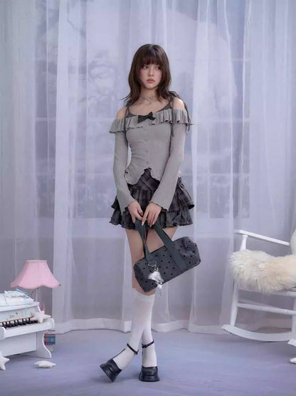 Ruffle Suspender Off-Shoulder Faux  Layered Long-Sleeved Tops【s0000013804】