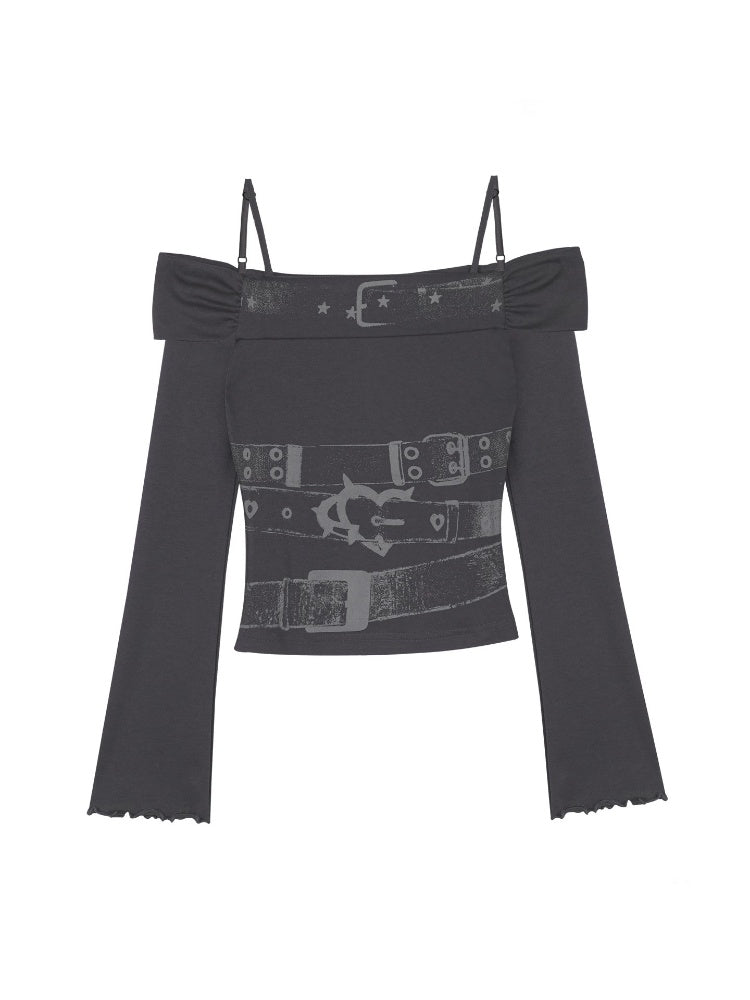 Off-Shoulder Belt Print Tops【s0000013805】