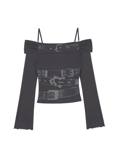 Off-Shoulder Belt Print Tops【s0000013805】