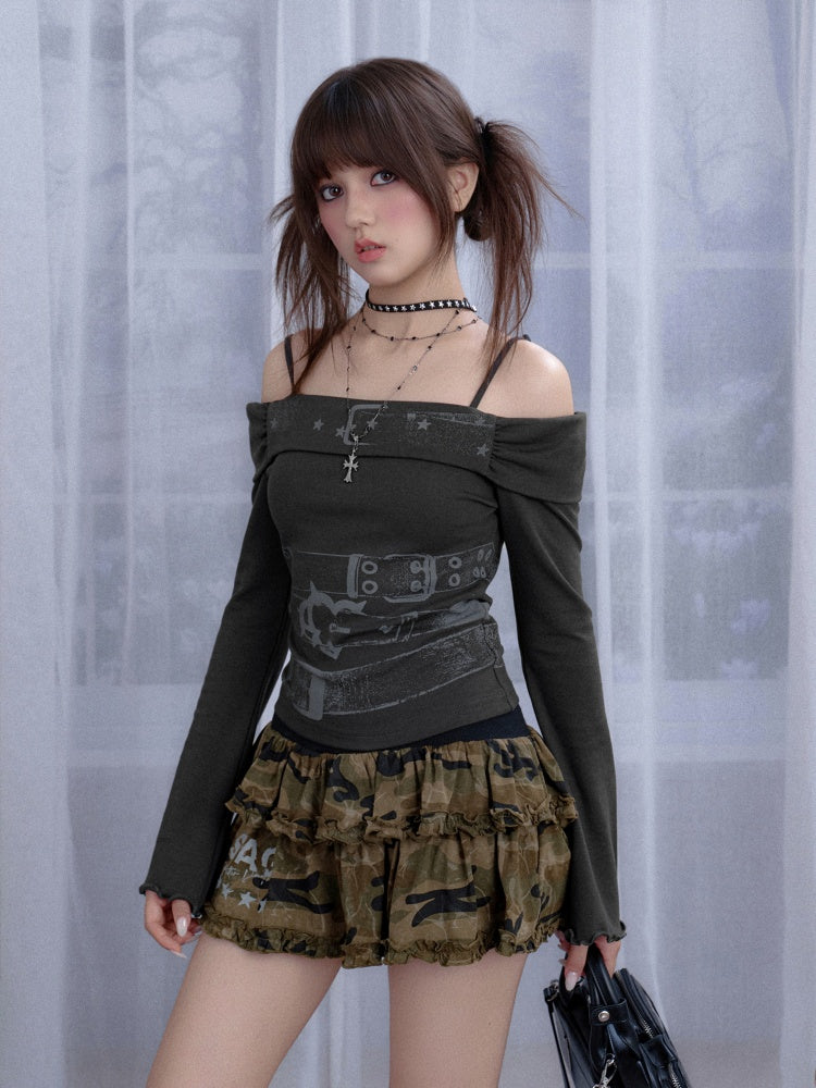 Off-Shoulder Belt Print Tops【s0000013805】