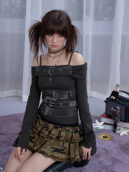 Off-Shoulder Belt Print Tops【s0000013805】