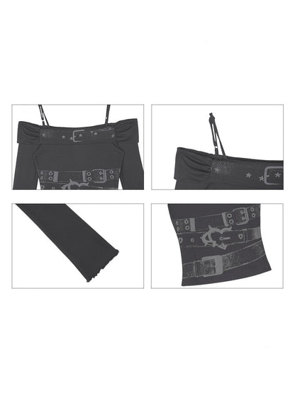 Off-Shoulder Belt Print Tops【s0000013805】
