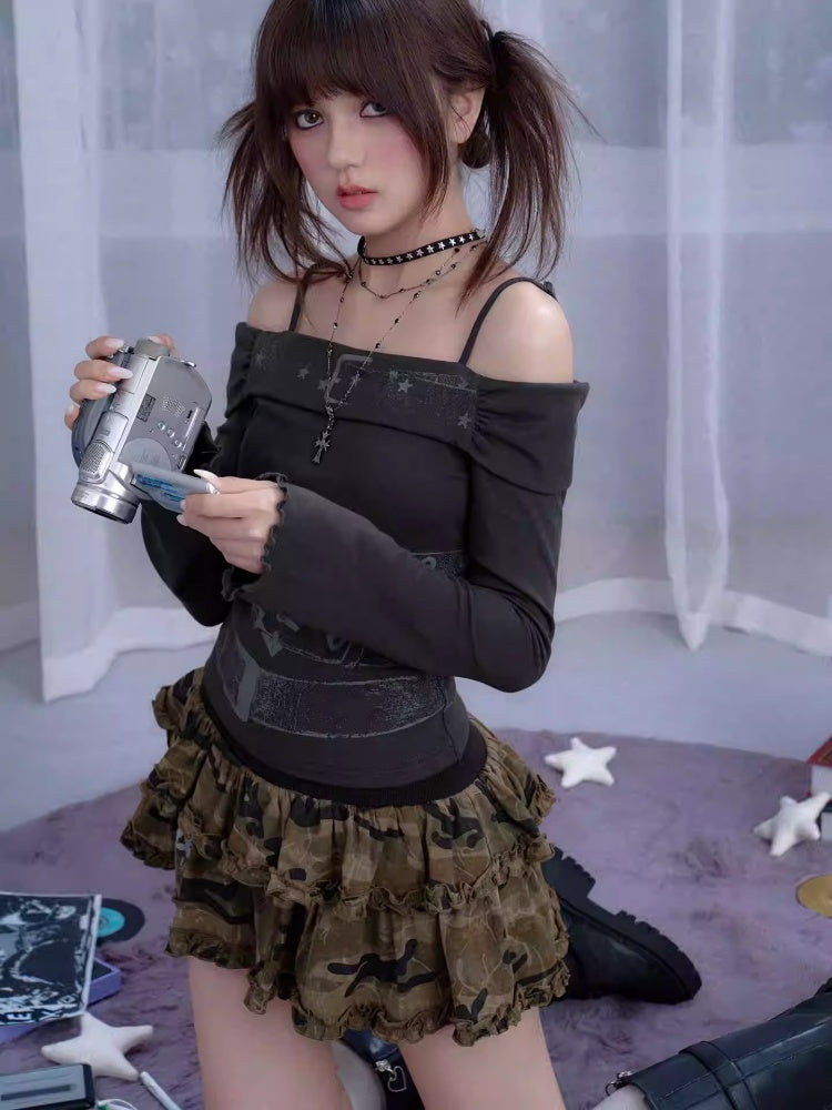 Off-Shoulder Belt Print Tops【s0000013805】