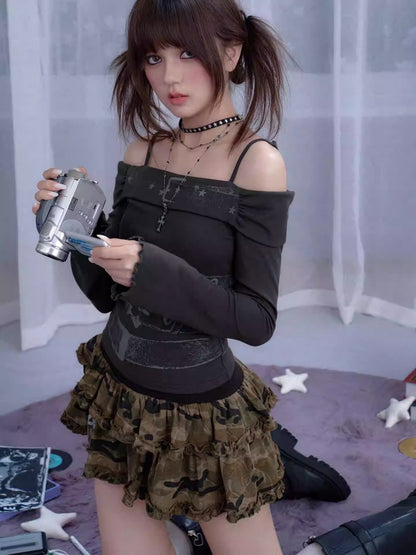 Off-Shoulder Belt Print Tops【s0000013805】