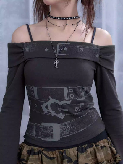 Off-Shoulder Belt Print Tops【s0000013805】