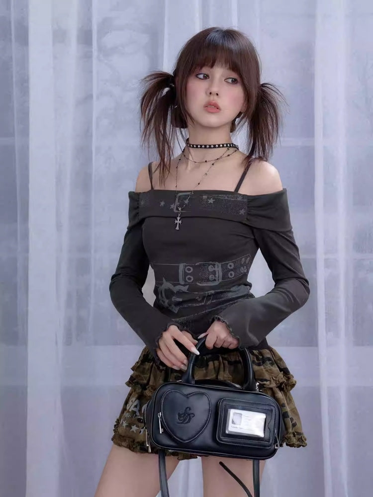 Off-Shoulder Belt Print Tops【s0000013805】