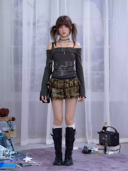 Off-Shoulder Belt Print Tops【s0000013805】