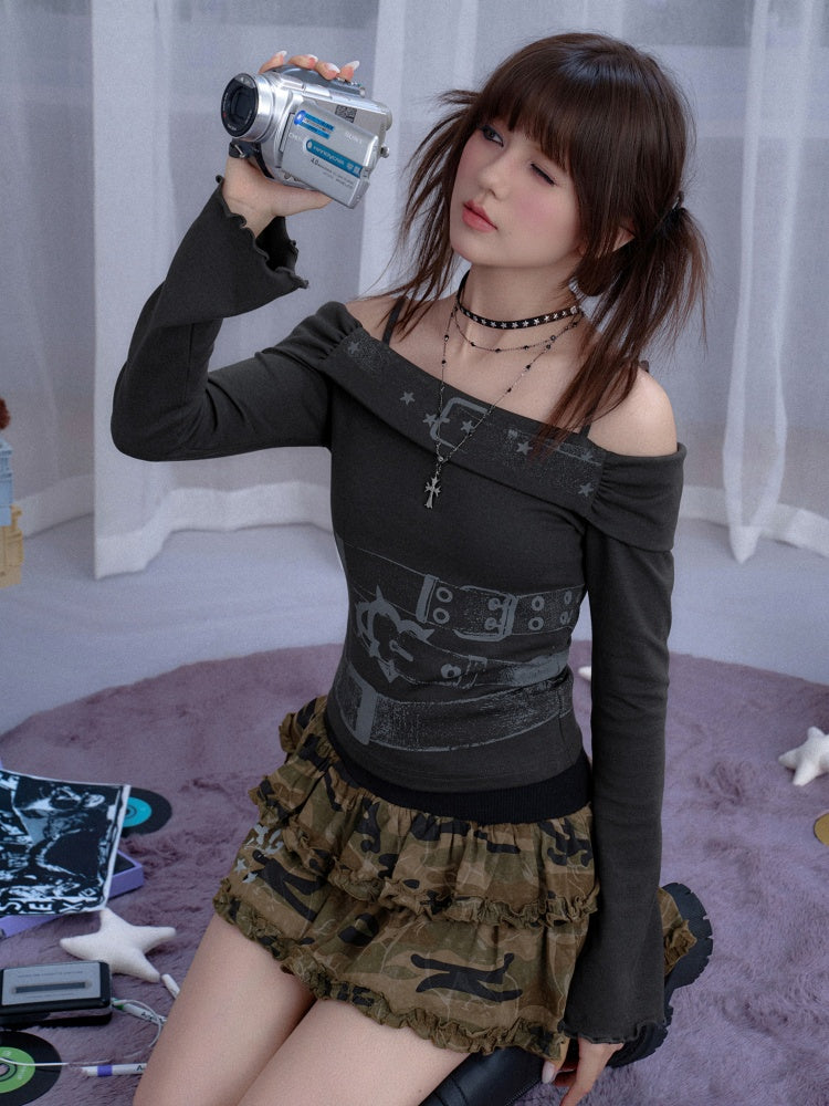 Off-Shoulder Belt Print Tops【s0000013805】