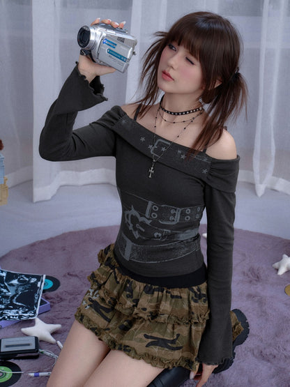 Off-Shoulder Belt Print Tops【s0000013805】