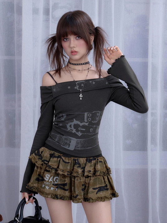 Off-Shoulder Belt Print Tops【s0000013805】