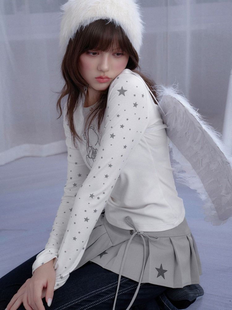 Star Print Pleated Wrap Mini Skirt【s0000013807】