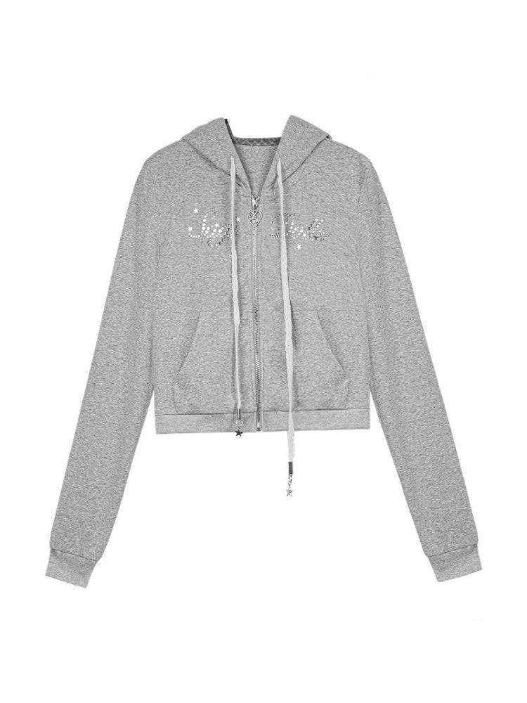 Star Rhinestone Logo Zip-Up Hoodie【s0000013808】