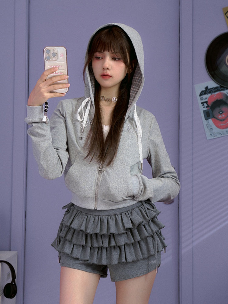 Star Rhinestone Logo Zip-Up Hoodie【s0000013808】