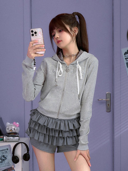 Star Rhinestone Logo Zip-Up Hoodie【s0000013808】