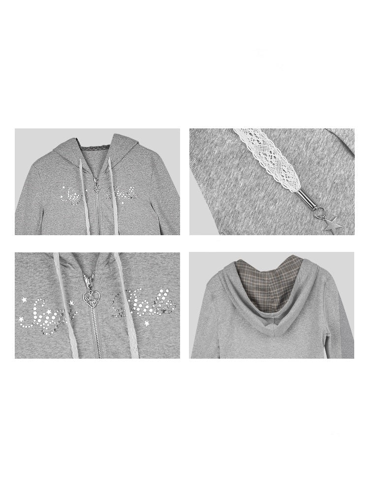 Star Rhinestone Logo Zip-Up Hoodie【s0000013808】