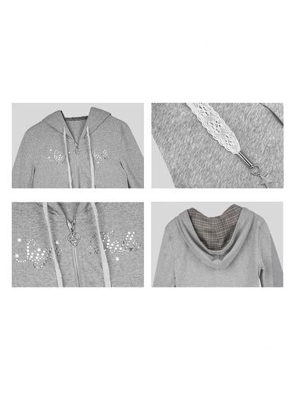 Star Rhinestone Logo Zip-Up Hoodie【s0000013808】