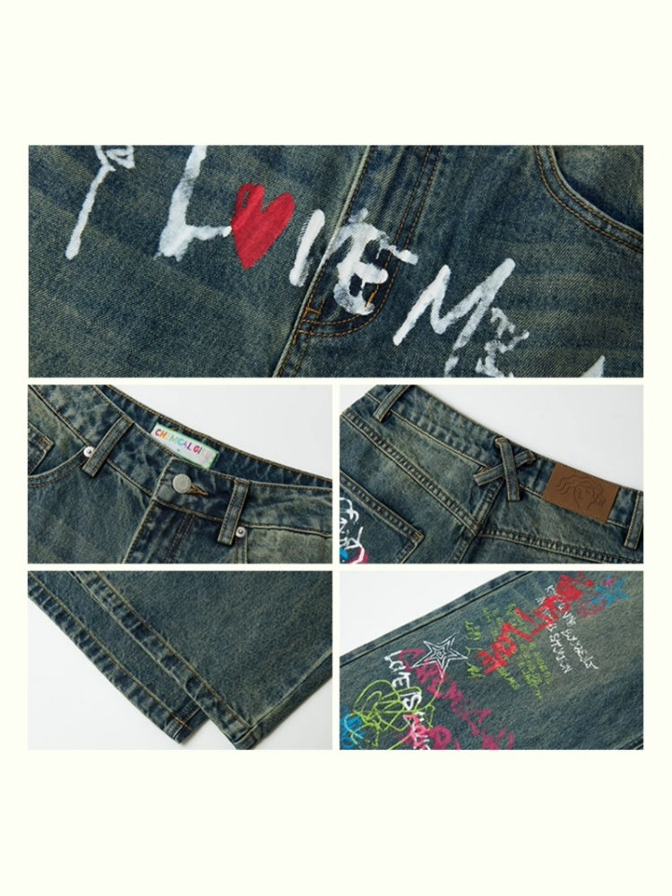 "Childish Graffiti Book" Printed Wide Leg Jeans【s0000013810】