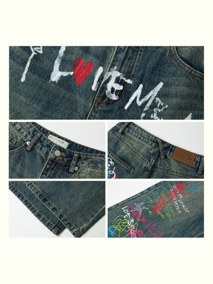 "Childish Graffiti Book" Printed Wide Leg Jeans【s0000013810】