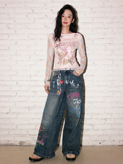 "Childish Graffiti Book" Printed Wide Leg Jeans【s0000013810】