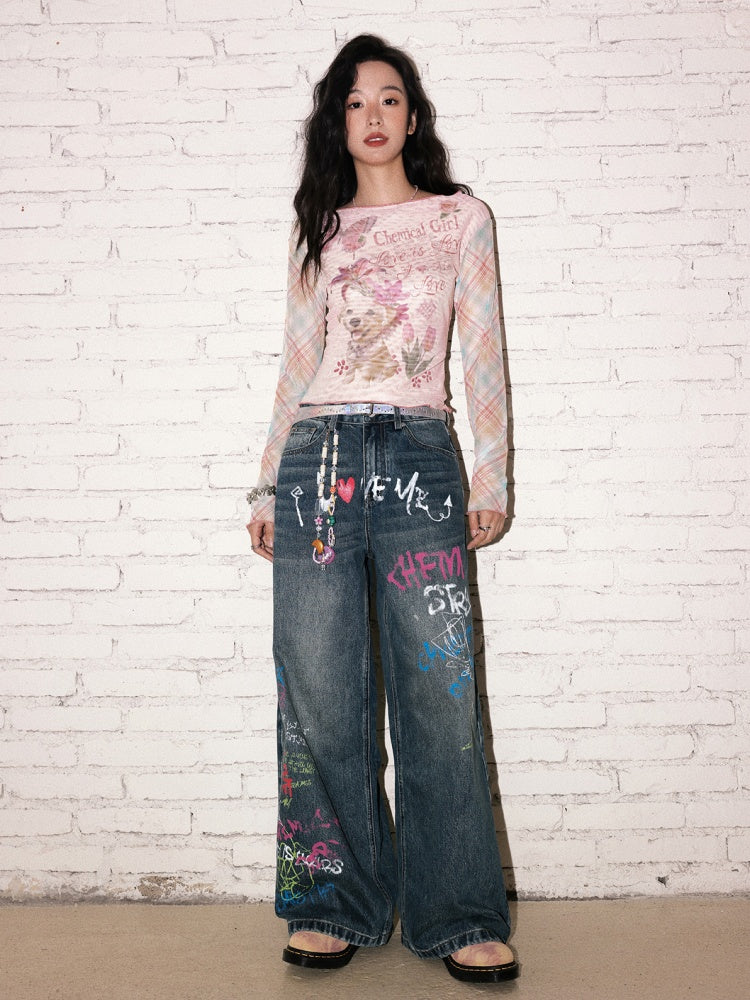 "Childish Graffiti Book" Printed Wide Leg Jeans【s0000013810】