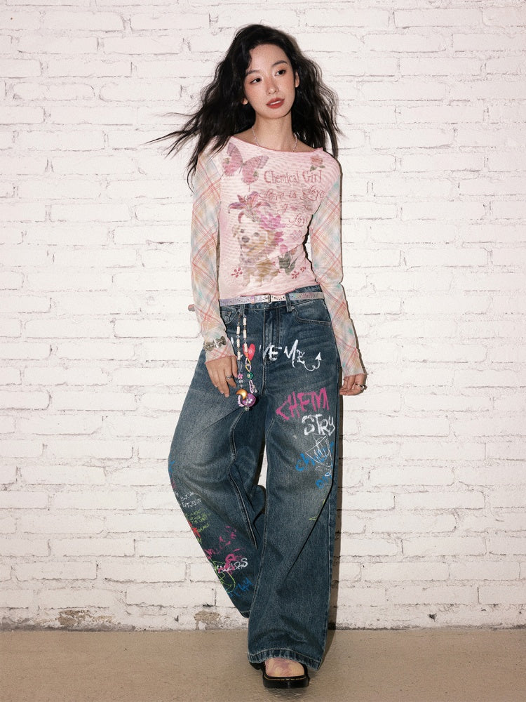 "Childish Graffiti Book" Printed Wide Leg Jeans【s0000013810】