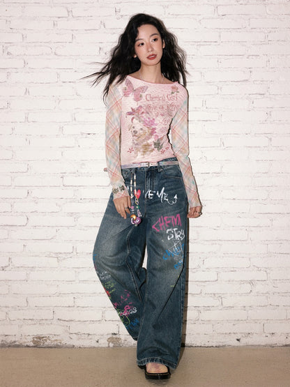 "Childish Graffiti Book" Printed Wide Leg Jeans【s0000013810】