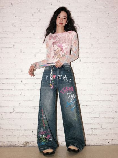 "Childish Graffiti Book" Printed Wide Leg Jeans【s0000013810】