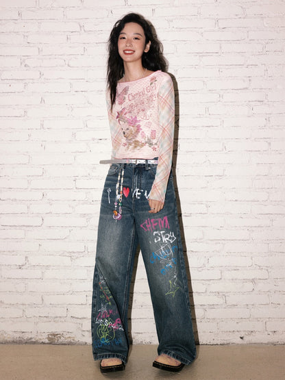 "Childish Graffiti Book" Printed Wide Leg Jeans【s0000013810】