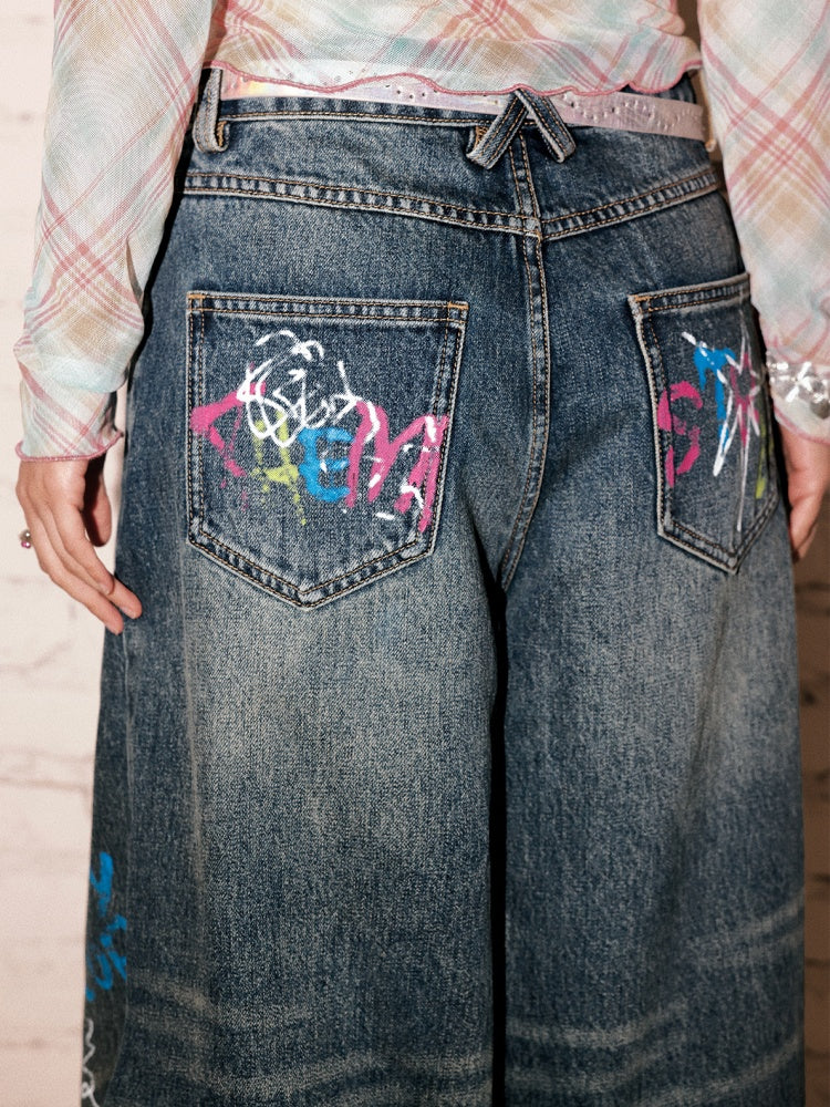 "Childish Graffiti Book" Printed Wide Leg Jeans【s0000013810】