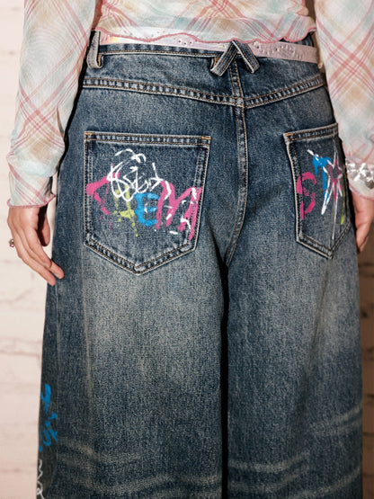 "Childish Graffiti Book" Printed Wide Leg Jeans【s0000013810】