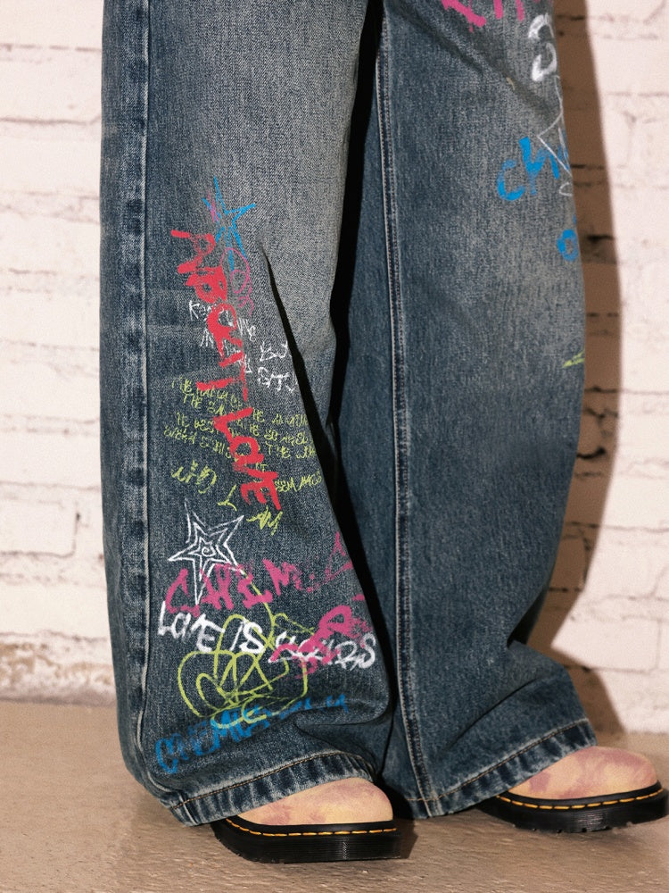 "Childish Graffiti Book" Printed Wide Leg Jeans【s0000013810】