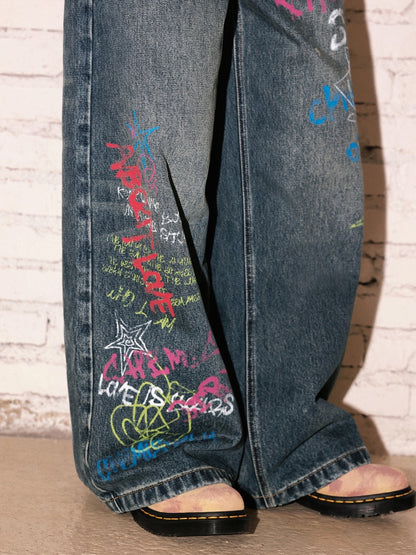 "Childish Graffiti Book" Printed Wide Leg Jeans【s0000013810】
