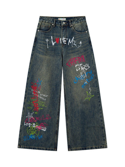 "Childish Graffiti Book" Printed Wide Leg Jeans【s0000013810】