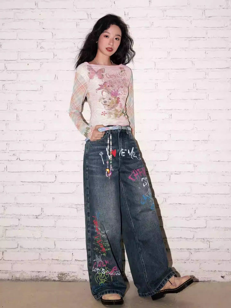 "Childish Graffiti Book" Printed Wide Leg Jeans【s0000013810】