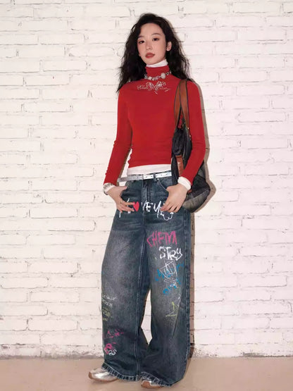 "Childish Graffiti Book" Printed Wide Leg Jeans【s0000013810】