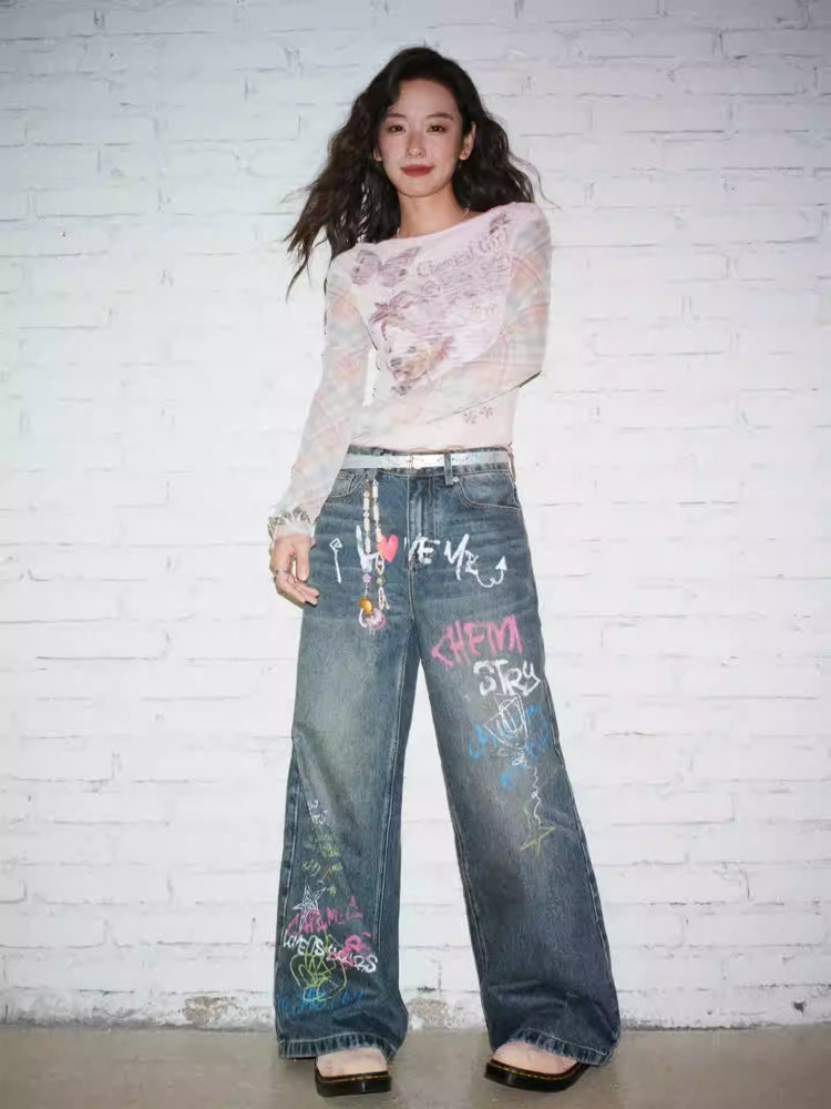 "Childish Graffiti Book" Printed Wide Leg Jeans【s0000013810】