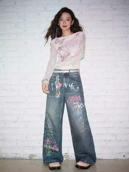 "Childish Graffiti Book" Printed Wide Leg Jeans【s0000013810】