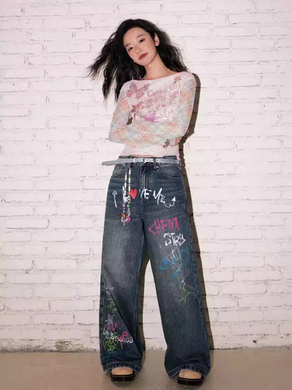 "Childish Graffiti Book" Printed Wide Leg Jeans【s0000013810】