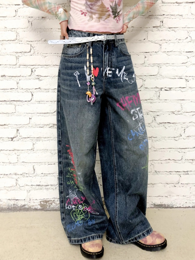 "Childish Graffiti Book" Printed Wide Leg Jeans【s0000013810】