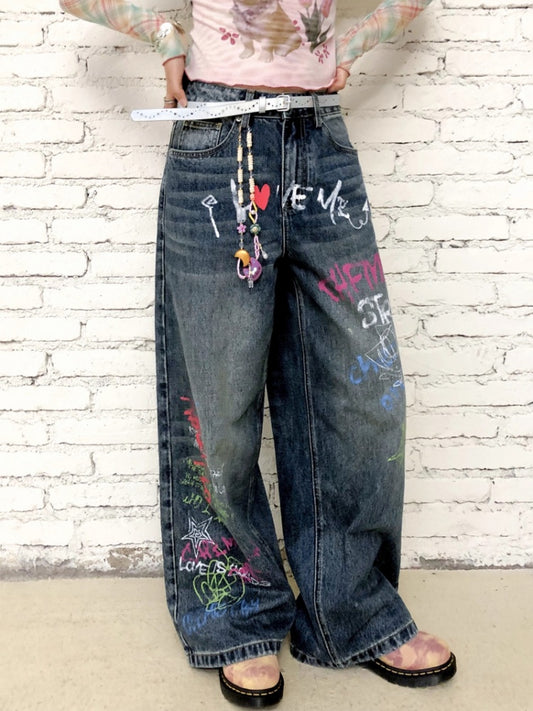 "Childish Graffiti Book" Printed Wide Leg Jeans【s0000013810】