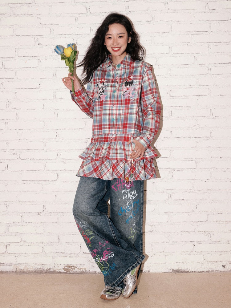 "Childish Graffiti Book" Printed Wide Leg Jeans【s0000013810】