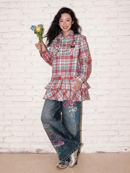"Childish Graffiti Book" Printed Wide Leg Jeans【s0000013810】