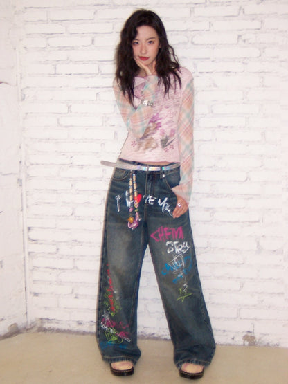 "Childish Graffiti Book" Printed Wide Leg Jeans【s0000013810】